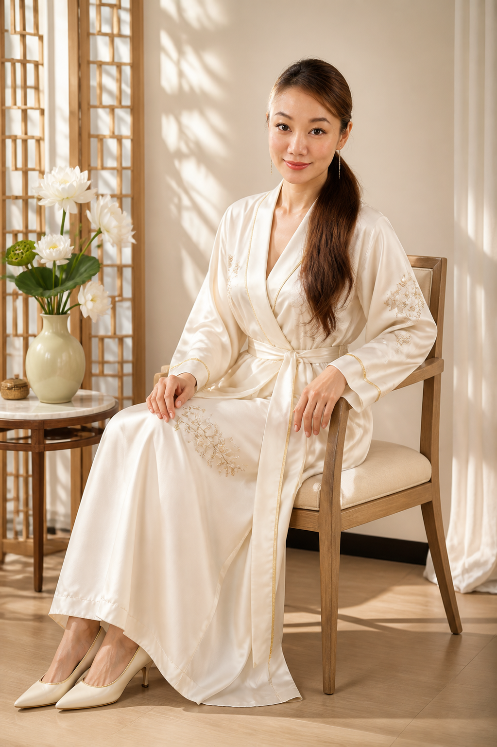 石原美惠子の月白と金の東洋長衣による座像ポートレート